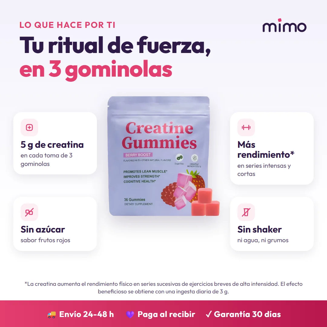 Beneficios: 5 g de creatina, sin azúcar, sin shaker